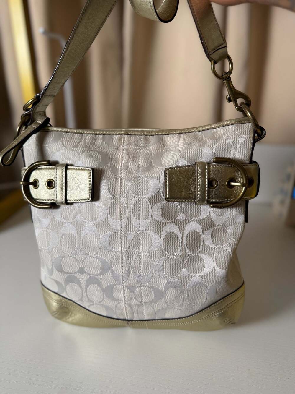 Coach Signature 3574 Hobo Shoulder Bag in Cream Canvas and Metallic Gold Leather